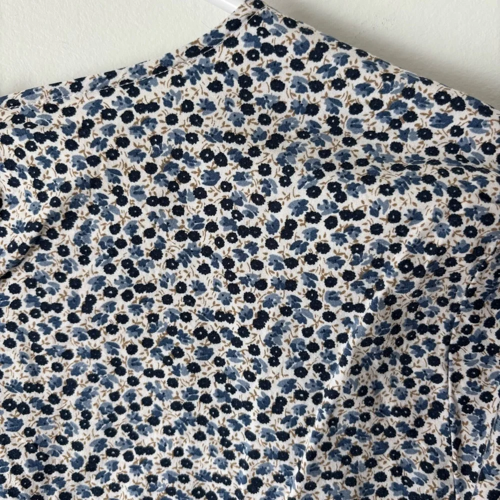 J. Crew Blue Black Micro Floral Blouse 3/4 Puff Sleeve Preppy Dainty Feminine